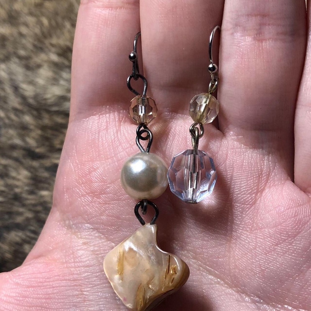 Vintage mismatched long beaded rhinestone, pearl and shell earrings